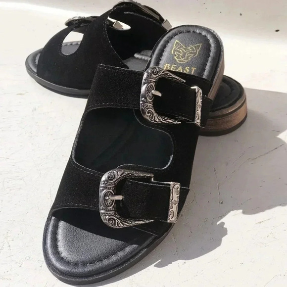 New! Black Suede Western Buckle Slip On Slide Sandals in Black - Picture 6 of 9